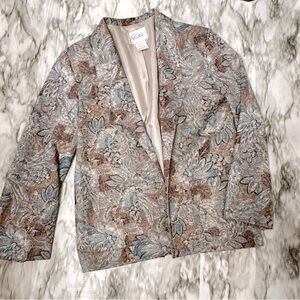 Pykettes Silk Blend Vtg Women Sz 14 80s Open Jacket Blazer Blue Brown Tapestry